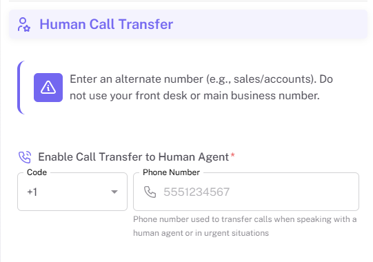 Rossy AI Human Call Transfer fields Rossy AI Human Call Transfer fields